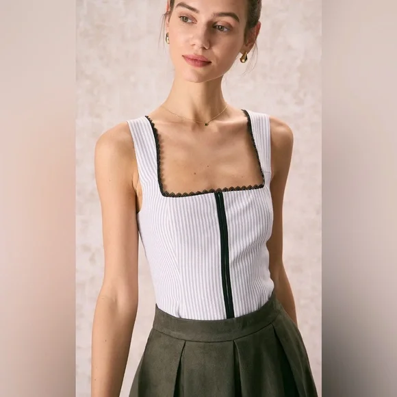 NWT RIHOAS The Grey Square Neck Striped Tank Top Sz L - Picture 1 of 6